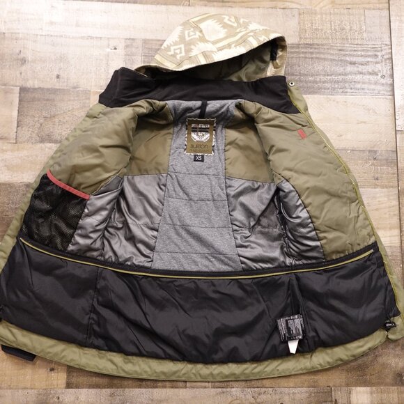 Burton Aztec Print Insulated Snowboard Jacket Women’s XS Olive Green Beige Hood - Picture 12 of 16